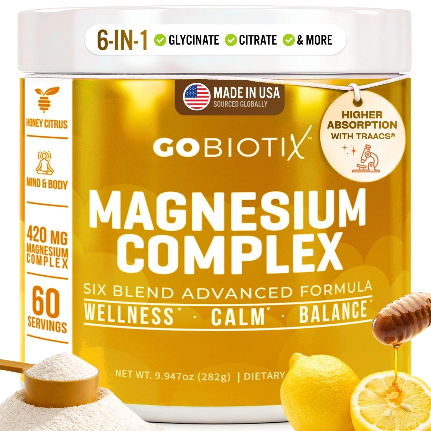 GoBiotix Magnesium Glycinate Powder – Cortisol Supplements for Women and Men – High Absorption Magnesium Complex Calm Supplement with Citrate, Malate – Sugar Free – 420 mg, 60 Servings - Honey Citrus - Maple Wellness Supplements