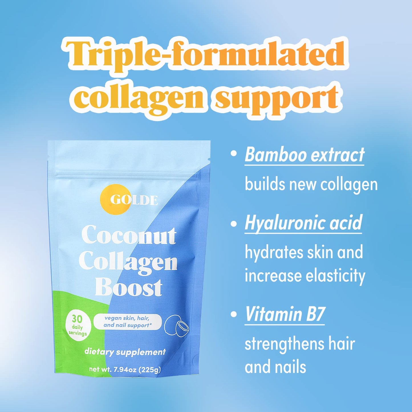GOLDE - Collagen Boost Vegan Creamer - Vanilla Cream - Plant Based Collagen Supplement w/Hyaluronic Acid, Biotin, & Bamboo Extract - Supports Hair, Skin, & Nail Health - 30 Servings - Maple Wellness Supplements