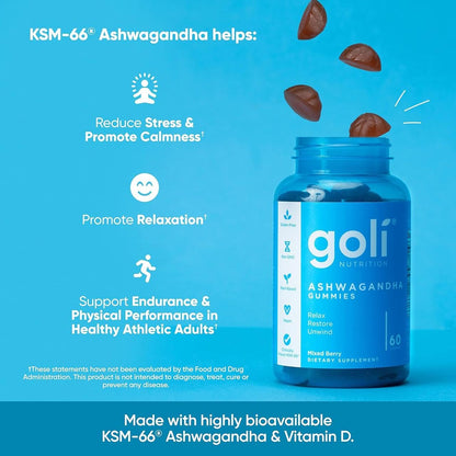 Goli Ashwagandha & Vitamin D Gummy - 60 Count - Mixed Berry, KSM-66, Vegan, Plant Based, Non-GMO, Gluten-Free & Gelatin Free Relax. Restore. Unwind, Pack of 1 - Maple Wellness Supplements