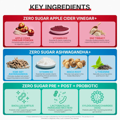 Goli Zero Sugar 6 Pack Bundle - World's First 3-in-1 Pre, Post, Probiotic, Apple Cider Vinegar with Vitamin B12 and Probiotics to Address Bloating, Ashwagandha & L-Theanine, Vitamin D Gummies - Maple Wellness Supplements