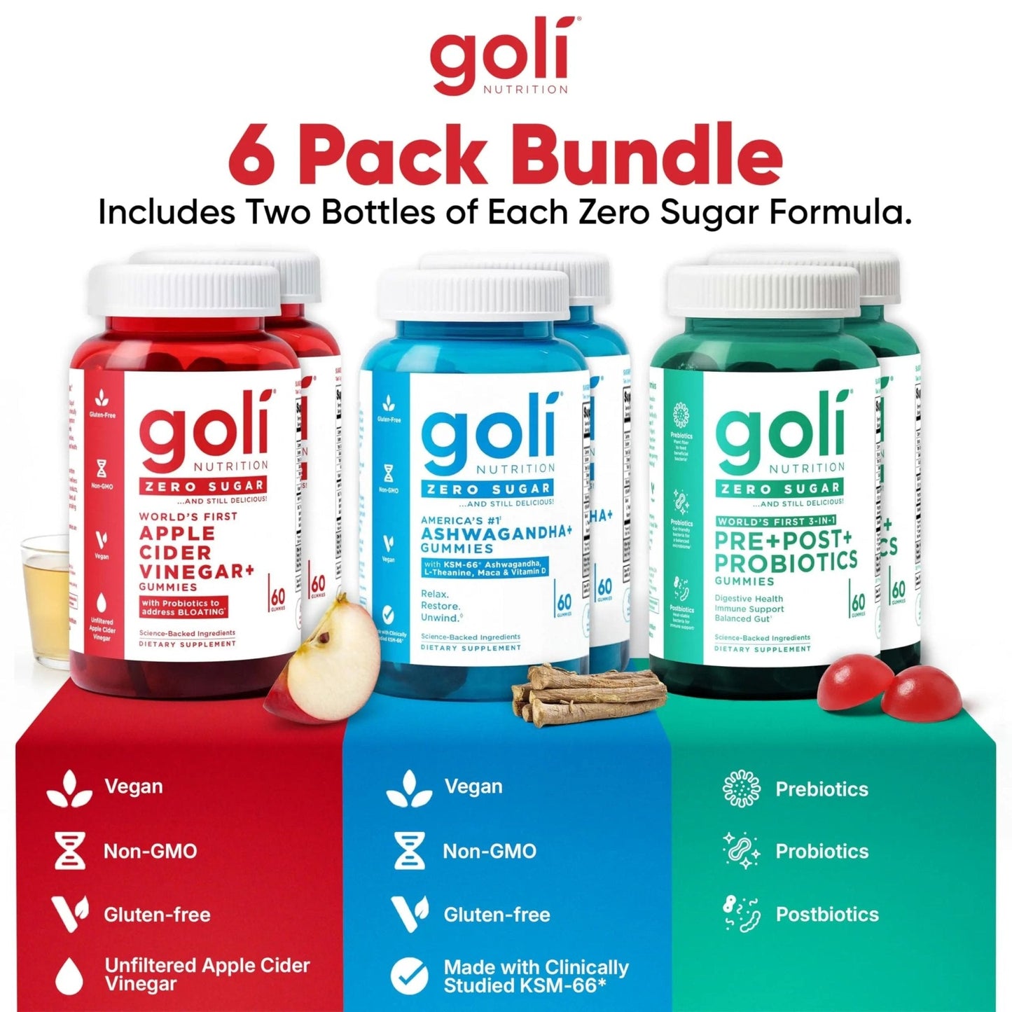 Goli Zero Sugar 6 Pack Bundle - World's First 3-in-1 Pre, Post, Probiotic, Apple Cider Vinegar with Vitamin B12 and Probiotics to Address Bloating, Ashwagandha & L-Theanine, Vitamin D Gummies - Maple Wellness Supplements