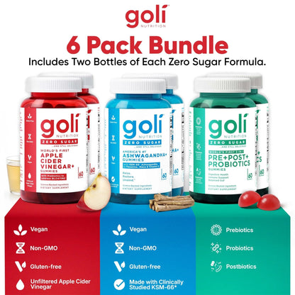 Goli Zero Sugar 6 Pack Bundle - World's First 3-in-1 Pre, Post, Probiotic, Apple Cider Vinegar with Vitamin B12 and Probiotics to Address Bloating, Ashwagandha & L-Theanine, Vitamin D Gummies - Maple Wellness Supplements