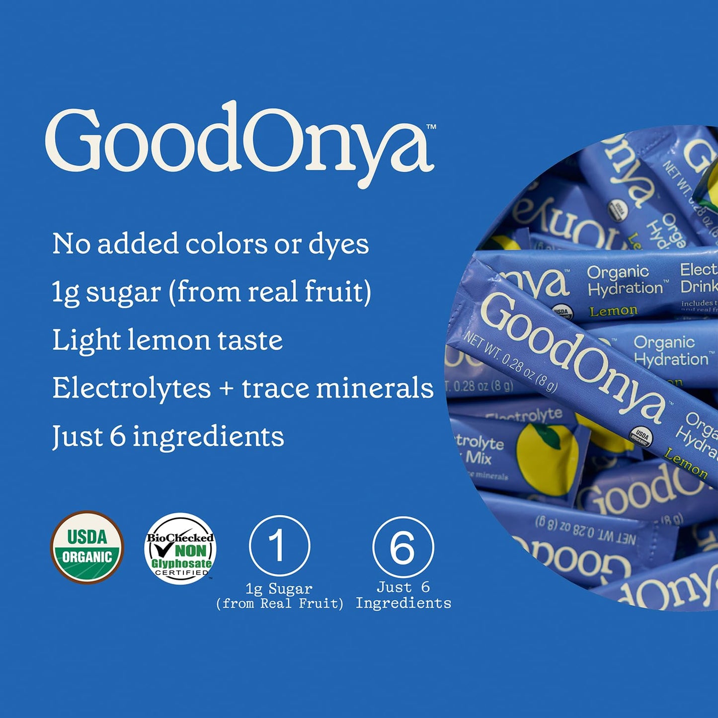 GOODONYA Organic Hydration Electrolyte Drink Mix, Certified Organic Hydration Powder, Non-GMO, Biochecked Glyphosate Free, Low Sugar, Lemonade Flavor, No Artificial Flavors,12 Stick Packs - Maple Wellness Supplements