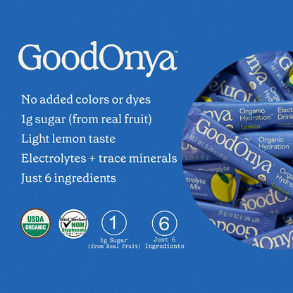 GOODONYA Organic Hydration Electrolyte Drink Mix, Certified Organic Hydration Powder, Non-GMO, Biochecked Glyphosate Free, Low Sugar, Lemonade Flavor, No Artificial Flavors,12 Stick Packs - Maple Wellness Supplements