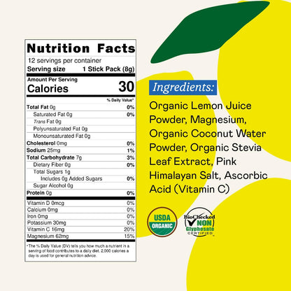 GOODONYA Organic Hydration Electrolyte Drink Mix, Certified Organic Hydration Powder, Non-GMO, Biochecked Glyphosate Free, Low Sugar, Lemonade Flavor, No Artificial Flavors,12 Stick Packs - Maple Wellness Supplements