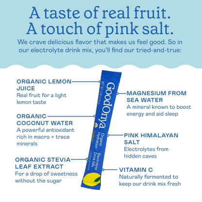 GOODONYA Organic Hydration Electrolyte Drink Mix, Certified Organic Hydration Powder, Non-GMO, Biochecked Glyphosate Free, Low Sugar, Lemonade Flavor, No Artificial Flavors,12 Stick Packs - Maple Wellness Supplements