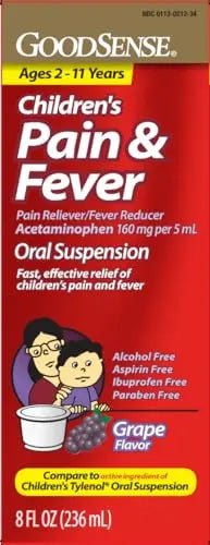 GoodSense Children's Pain and Fever, Acetaminophen 160 mg per 5 mL Oral Suspension, Grape Flavor, 8 FL OZ - Maple Wellness Supplements