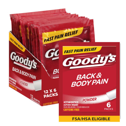 Goody's Body Ache & Back Pain Relief Powder, Dual Action with Acetaminophen & Aspirin, Caffeine-Free, 6 Count, Pack of 12 - Maple Wellness Supplements
