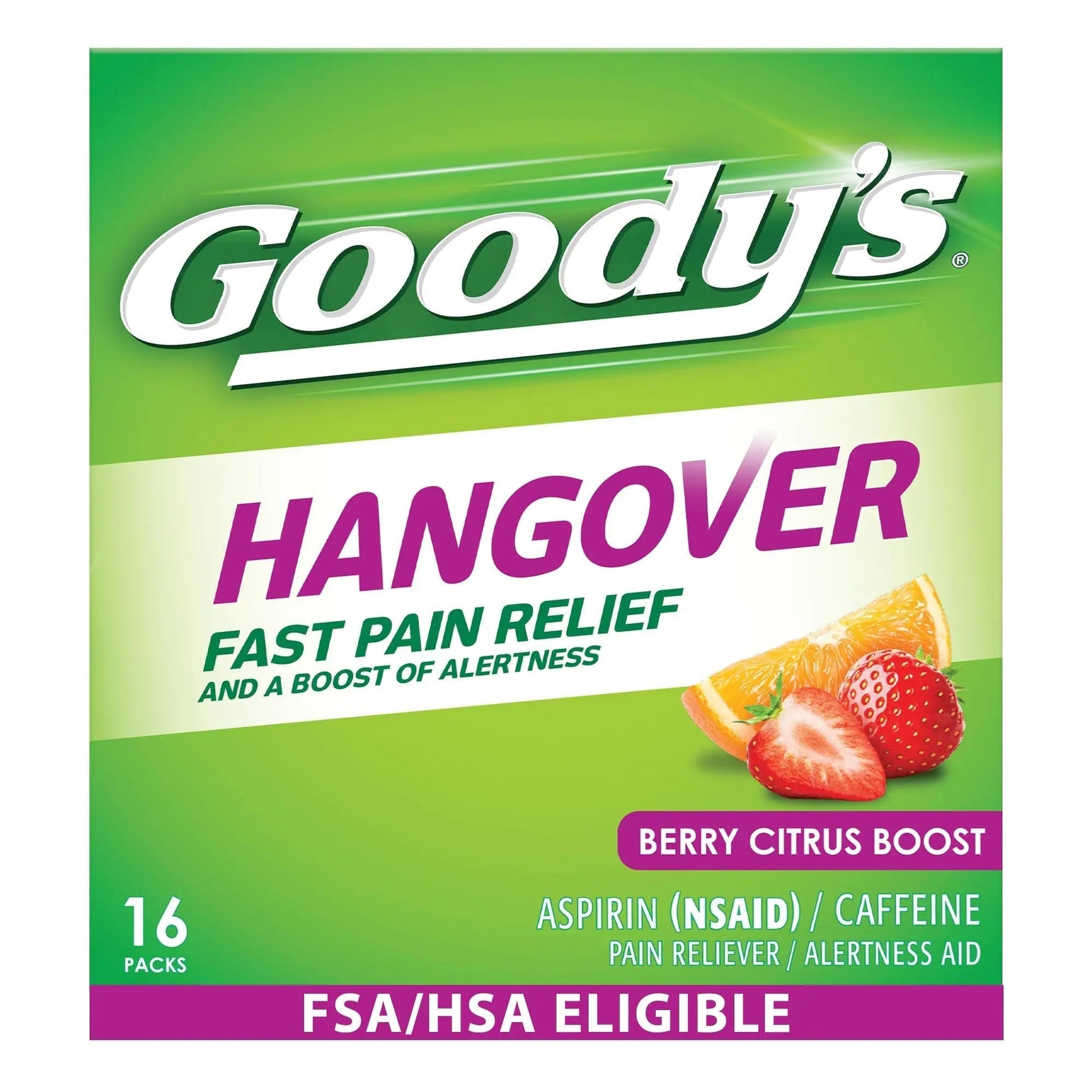 Goody's Hangover Relief Powder, Dual Action Fast Headache Pain Relief with Aspirin and Caffeine, Berry Citrus Flavor, 16 Count - Maple Wellness Supplements