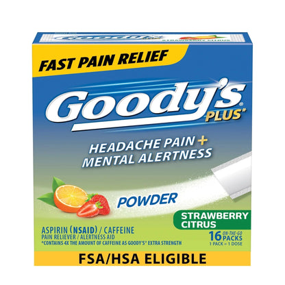 Goody’s Headache Relief Plus Mental Alertness Powder, with Aspirin and Caffeine, Strawberry Citrus Flavor, 16 Count - Maple Wellness Supplements