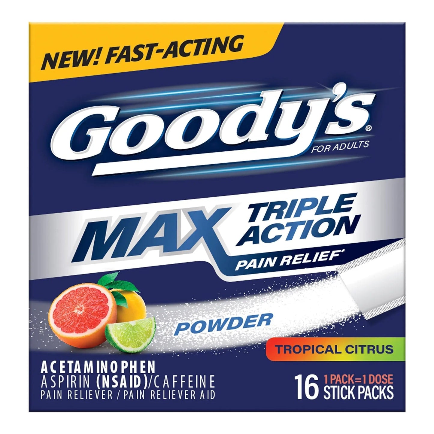 Goody’s Max Triple Action Pain Relief – Headache Relief Powder with Acetaminophen, Aspirin & Caffeine for Fast, Effective Relief of Tough Headaches, Tropical Citrus, 16 Count - Maple Wellness Supplements