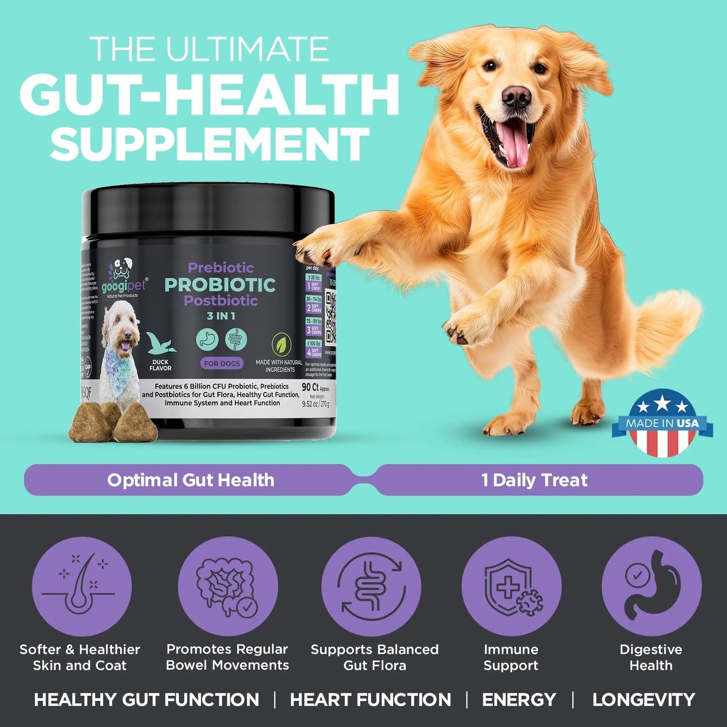 Googipet Probiotics for Dogs Digestive Health - Prebiotics and Probiotics Chews for Dog Yeast Infection Treatment + Digestive Enzymes - Dog Probiotics for Itchy Skin & Ears w/Papaya, Pumpkin, & Fiber - Maple Wellness Supplements