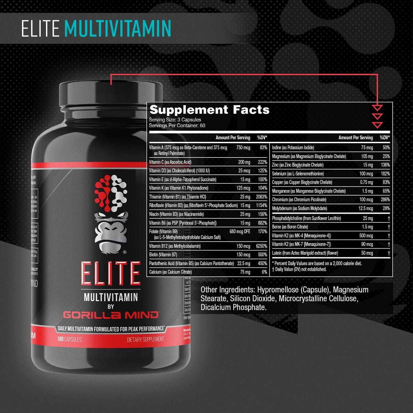 Gorilla Mind Elite Multi-Vitamin (180 Capsules) – Daily Multivitamin Formulated for Peak Performance | 27 Nutrients to Backfill Micronutrient Shortcomings - Maple Wellness Supplements