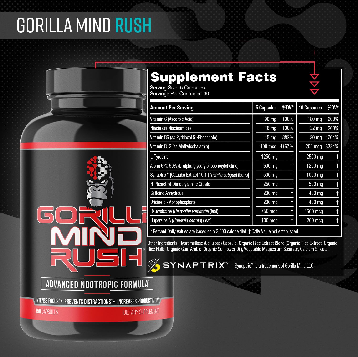 Gorilla Mind Rush - Nootropic Supplement | Intense Focus · Insane Productivity Cognitive Health Support, Memory, Focus, - Maple Wellness Supplements