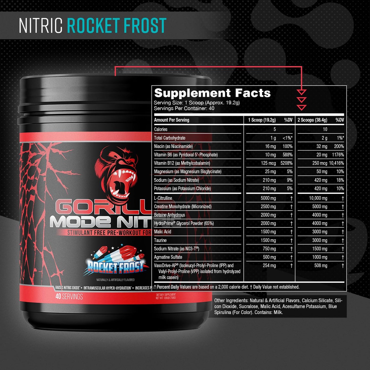 Gorilla Mode Nitric Upgraded Stimulant Free Pre-Workout – Best Tasting and Most Effective Stimulant Free Pre-Workout/Massive Pumps · Vasodilation · Power / 768 Grams (Rocket Frost) - Maple Wellness Supplements