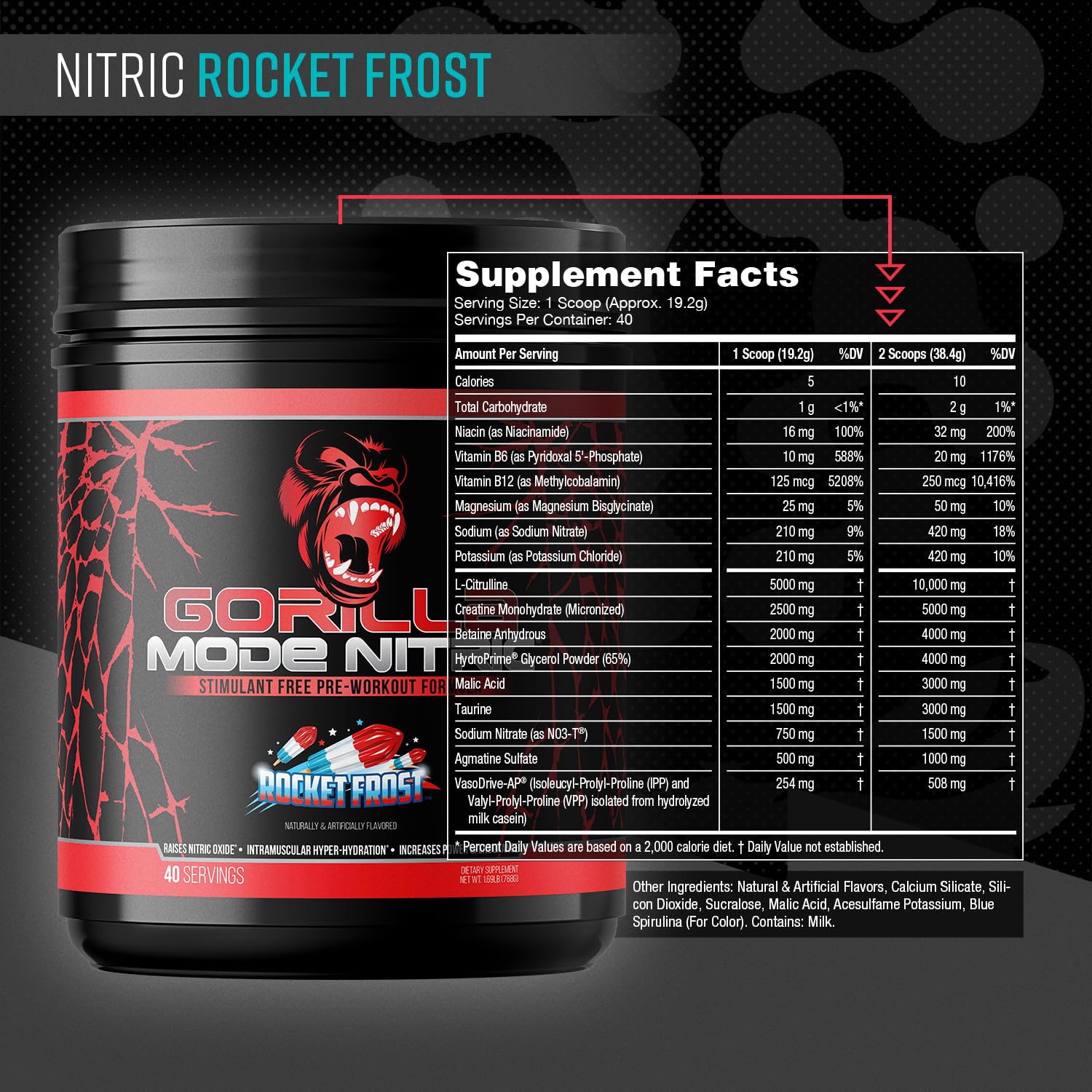 Gorilla Mode Nitric Upgraded Stimulant Free Pre-Workout – Best Tasting and Most Effective Stimulant Free Pre-Workout/Massive Pumps · Vasodilation · Power / 768 Grams (Rocket Frost) - Maple Wellness Supplements