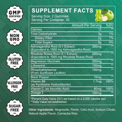 GORNVB Cortisol Gummies, Cortisol Supplement for Women with Magnesium, Ashwagandha, Rhodiola, Phosphatidylserine, L-Theanine, Black Pepper, Vitamin C & B6 - Relaxation, Focus, Sleep Support - 2 Pack - Maple Wellness Supplements