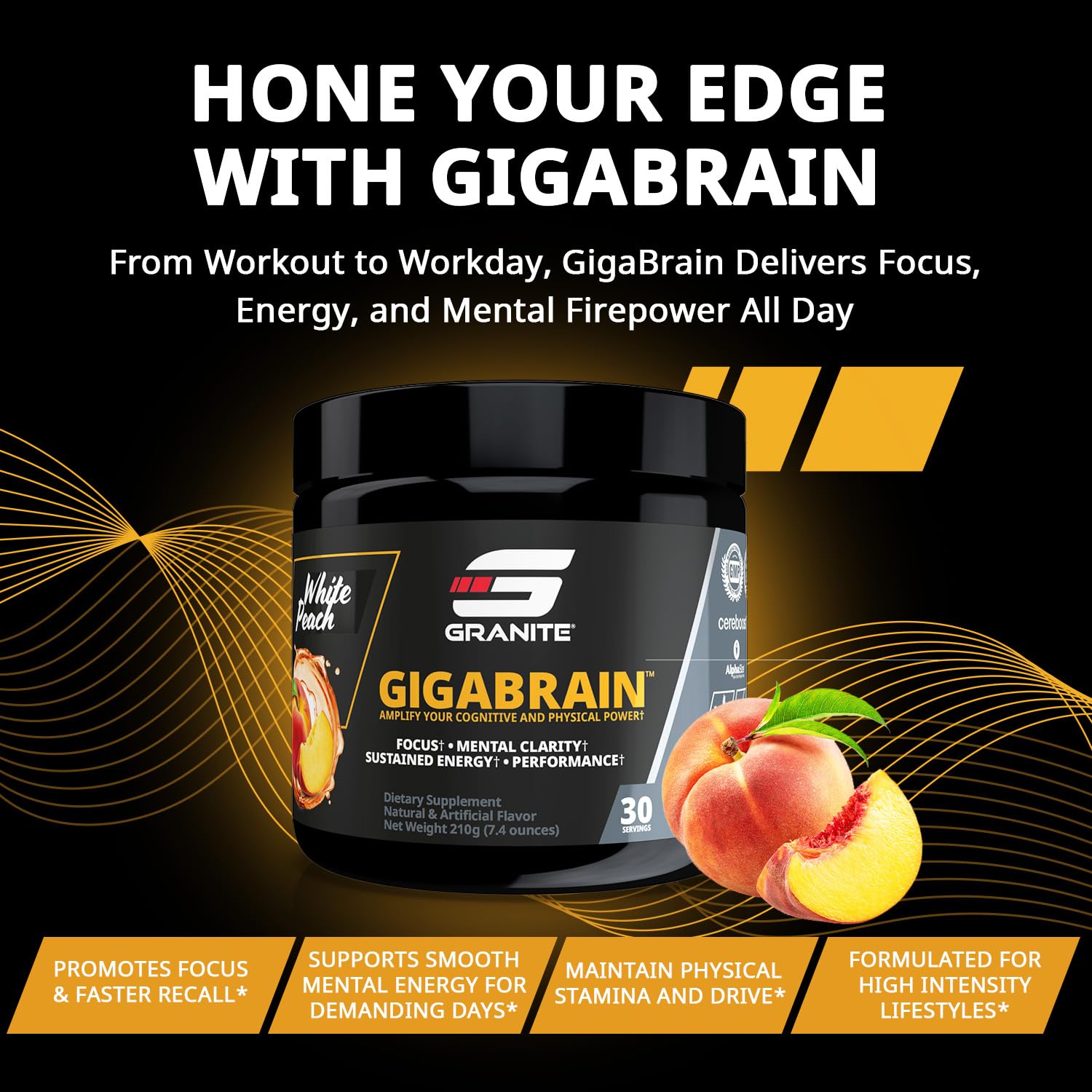 Granite Nutrition GigaBrain Nootropic Energy Powder – Cereboost, Alpha-GPC & ElevATP – Cognitive Focus Supplement for Sustained Energy & Performance – White Peach, 30 Servings - Maple Wellness Supplements