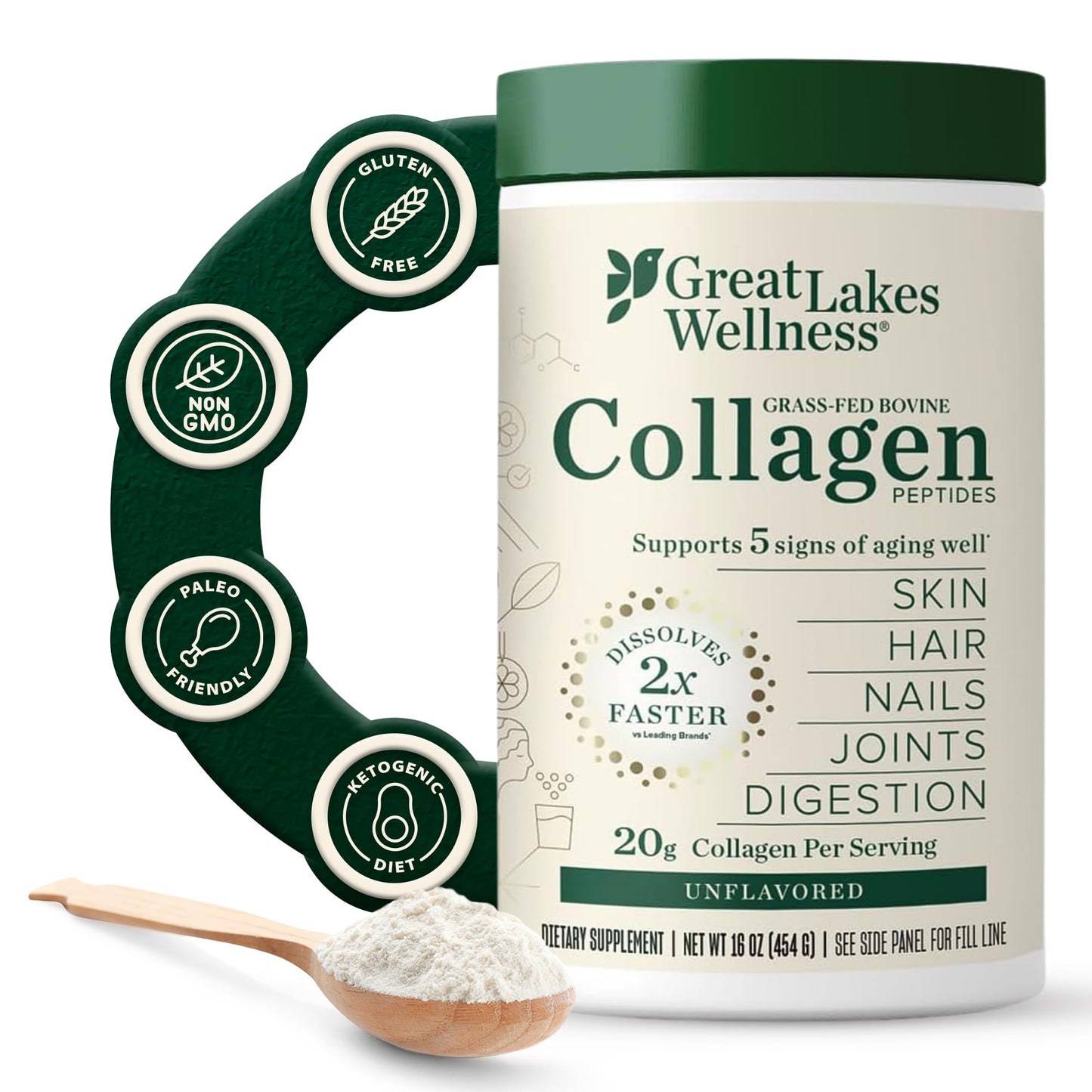 Great Lakes Wellness Collagen Peptides Powder – Supports Skin, Hair, Nails, Joints & Digestion – Hydrolyzed, Quick Dissolve - Maple Wellness Supplements