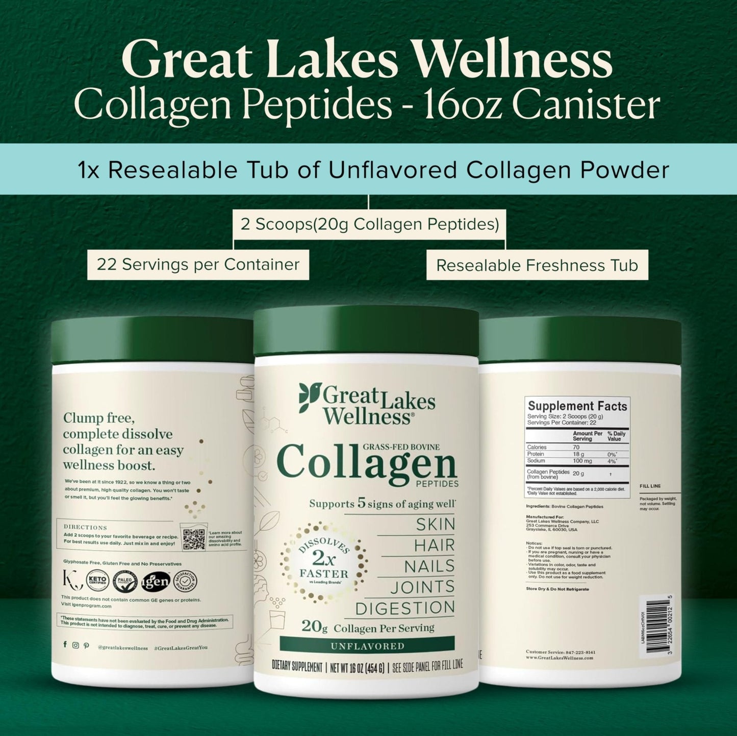 Great Lakes Wellness Collagen Peptides Powder – Supports Skin, Hair, Nails, Joints & Digestion – Hydrolyzed, Quick Dissolve - Maple Wellness Supplements