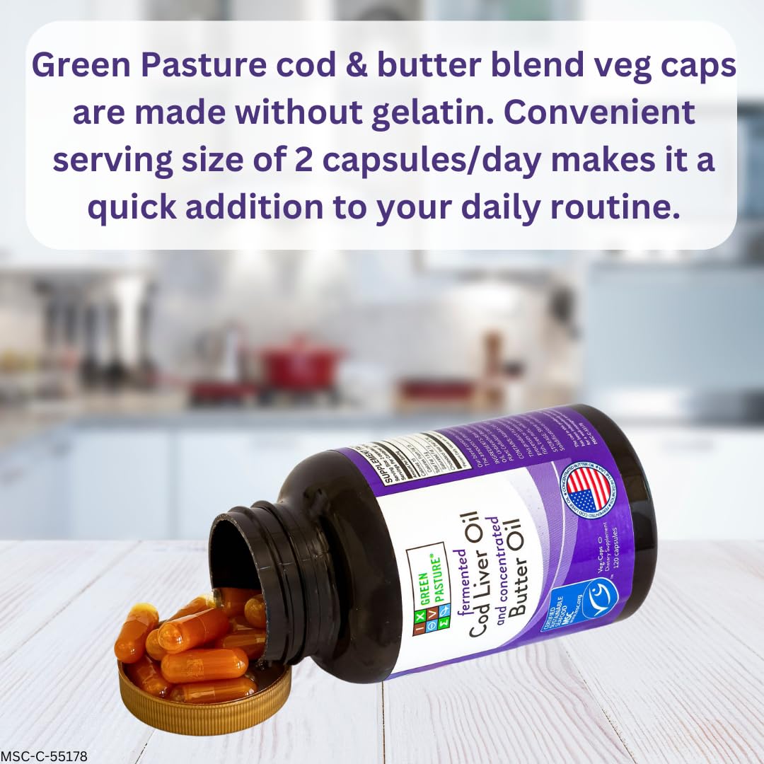 Green Pasture Fermented Cod Liver Oil & Butter Oil Blend - Wild Alaska Cod, Vitamins A & D, Omega-3-6-9, MSC Certified, 120 Capsules - Maple Wellness Supplements