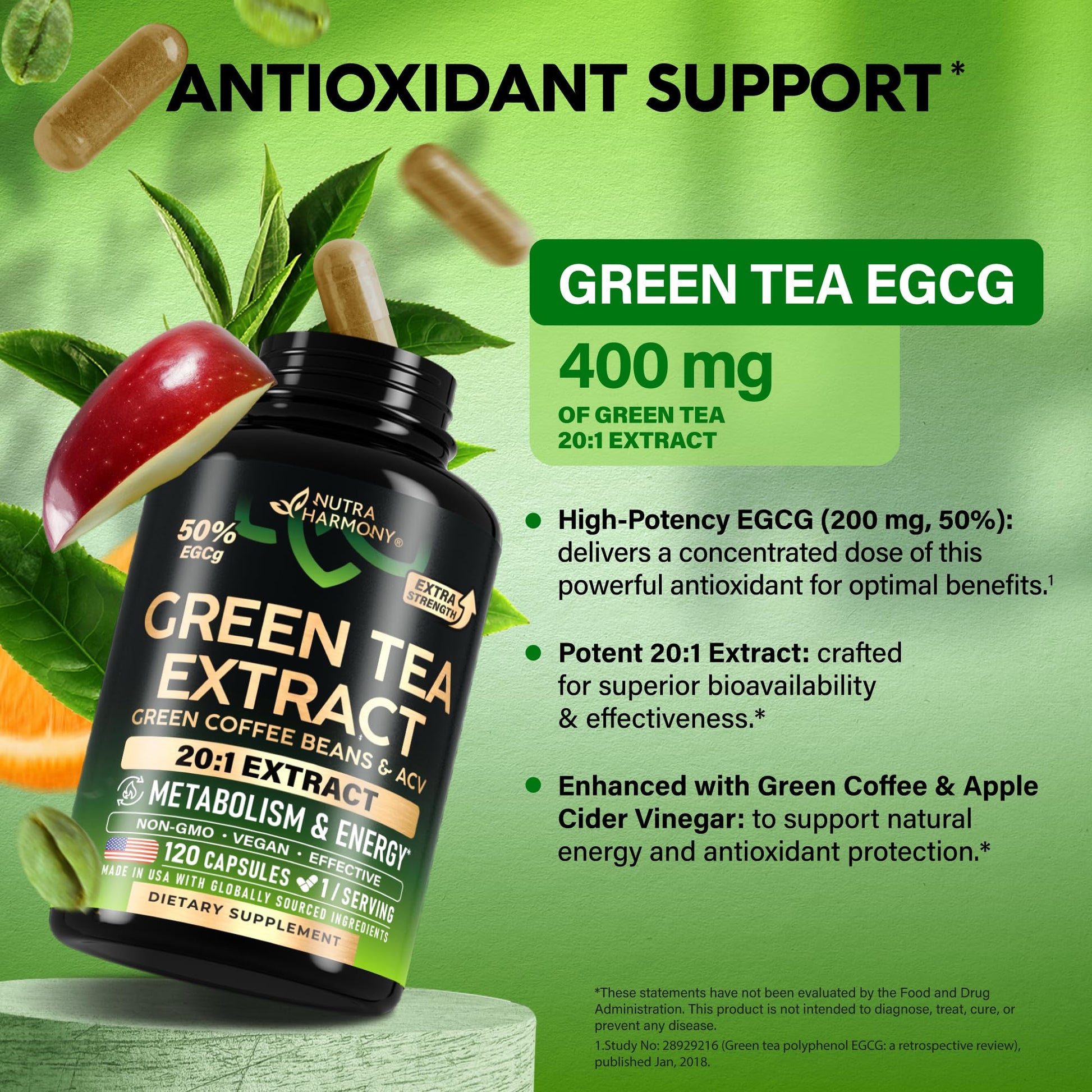 Green Tea Extract - 50% EGCG, Extra Strength 20:1 Extract - Natural Green Tea Supplement + Green Coffee Beans & Apple Cider Vinegar - Energy & Metabolism Support - Maple Wellness Supplements