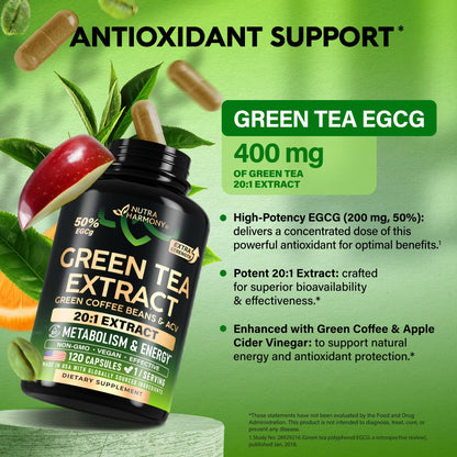 Green Tea Extract - 50% EGCG, Extra Strength 20:1 Extract - Natural Green Tea Supplement + Green Coffee Beans & Apple Cider Vinegar - Energy & Metabolism Support - Maple Wellness Supplements