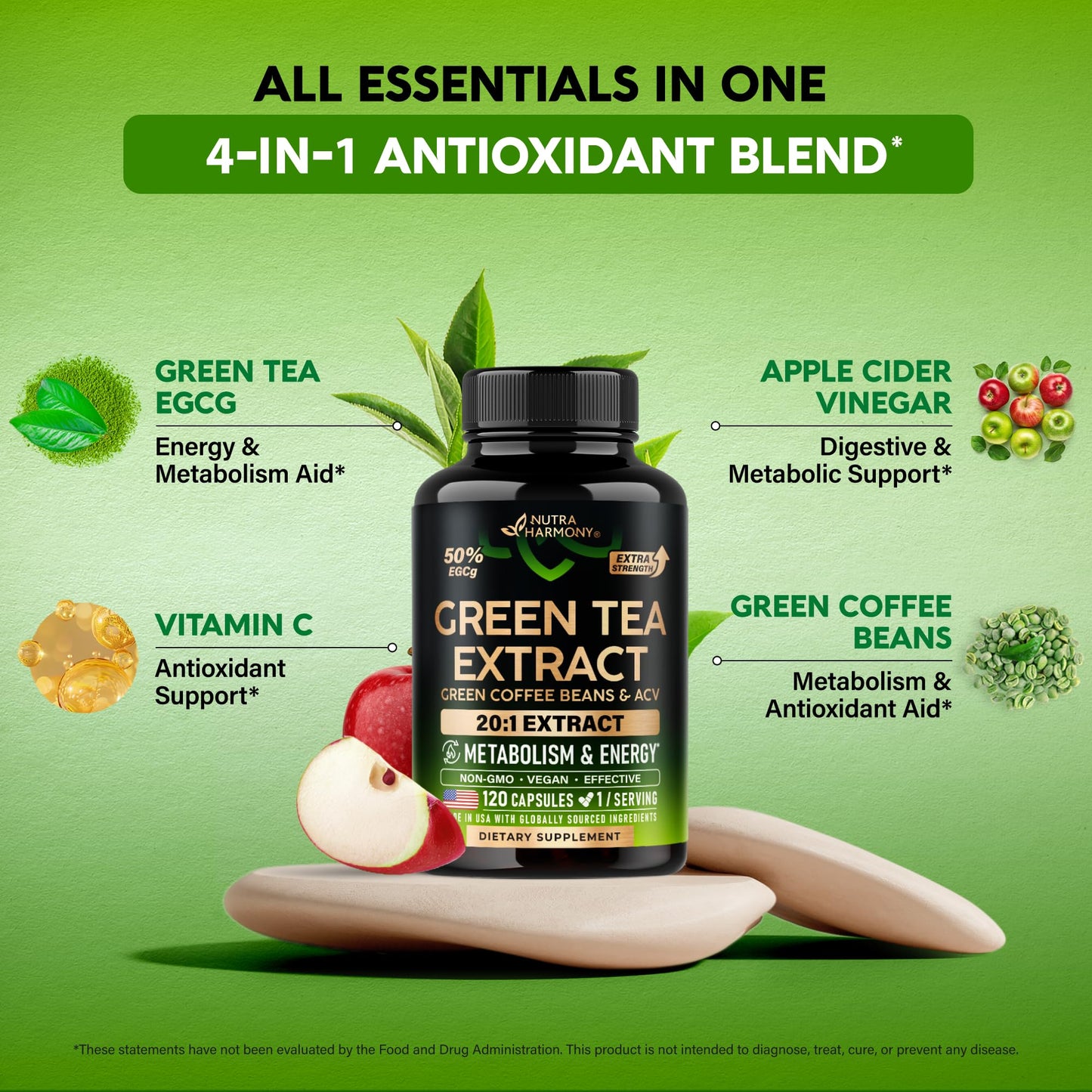 Green Tea Extract - 50% EGCG, Extra Strength 20:1 Extract - Natural Green Tea Supplement + Green Coffee Beans & Apple Cider Vinegar - Energy & Metabolism Support - Maple Wellness Supplements