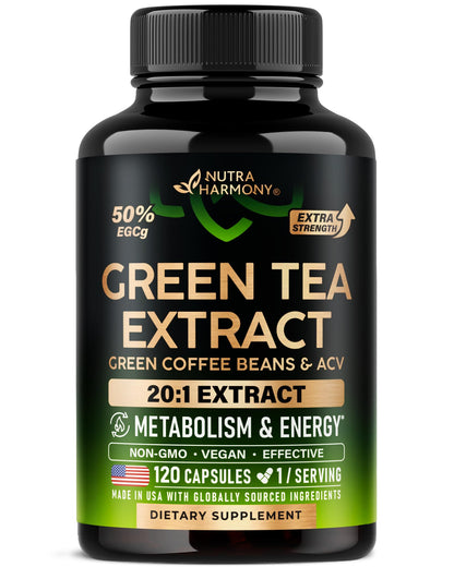 Green Tea Extract - 50% EGCG, Extra Strength 20:1 Extract - Natural Green Tea Supplement + Green Coffee Beans & Apple Cider Vinegar - Energy & Metabolism Support - Maple Wellness Supplements