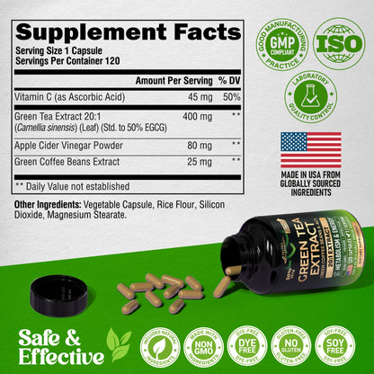 Green Tea Extract - 50% EGCG, Extra Strength 20:1 Extract - Natural Green Tea Supplement + Green Coffee Beans & Apple Cider Vinegar - Energy & Metabolism Support - Maple Wellness Supplements