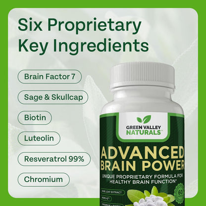 GREEN VALLEY NATURALS - Advanced Brain Power - Supports Healthy, Normal Brain Function, Focus and Concentration, clinically formulated to Support Healthy Brain Clarity. (1 Bottle, 60, Count) - Maple Wellness Supplements