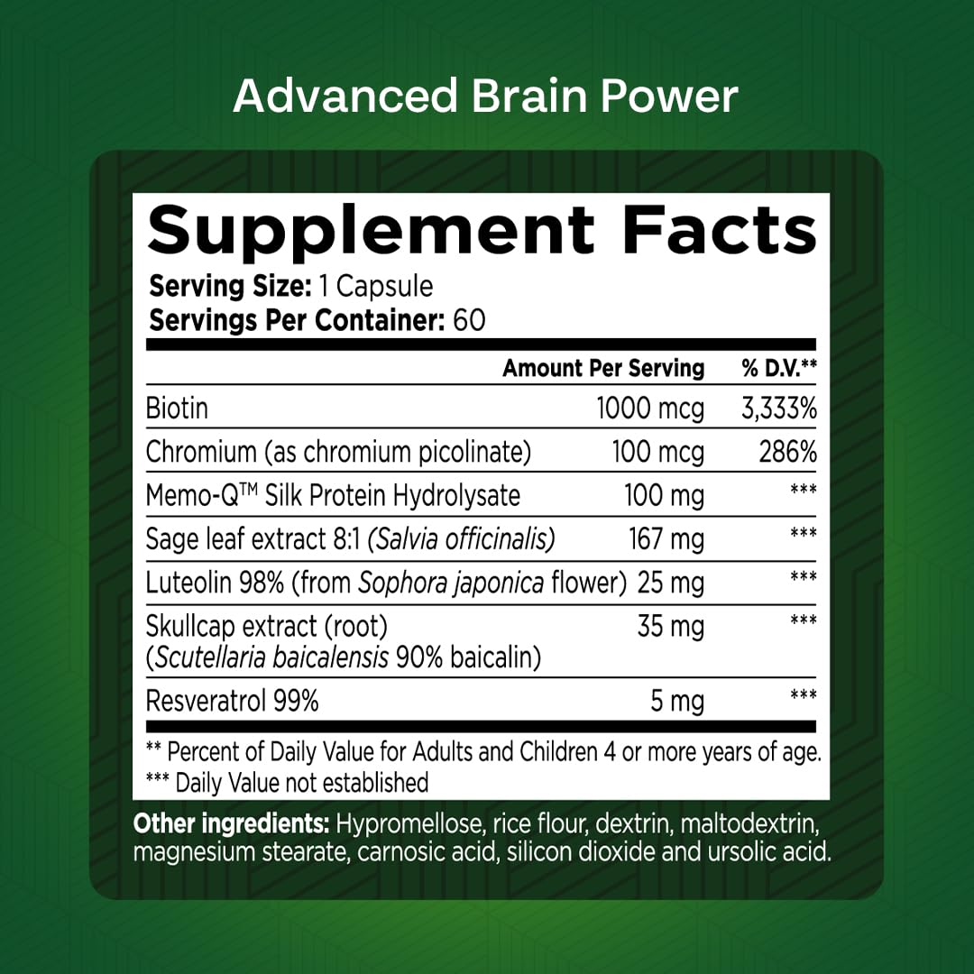 GREEN VALLEY NATURALS - Advanced Brain Power - Supports Healthy, Normal Brain Function, Focus and Concentration, clinically formulated to Support Healthy Brain Clarity. (1 Bottle, 60, Count) - Maple Wellness Supplements