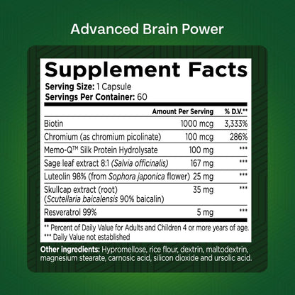 GREEN VALLEY NATURALS - Advanced Brain Power - Supports Healthy, Normal Brain Function, Focus and Concentration, clinically formulated to Support Healthy Brain Clarity. (1 Bottle, 60, Count) - Maple Wellness Supplements