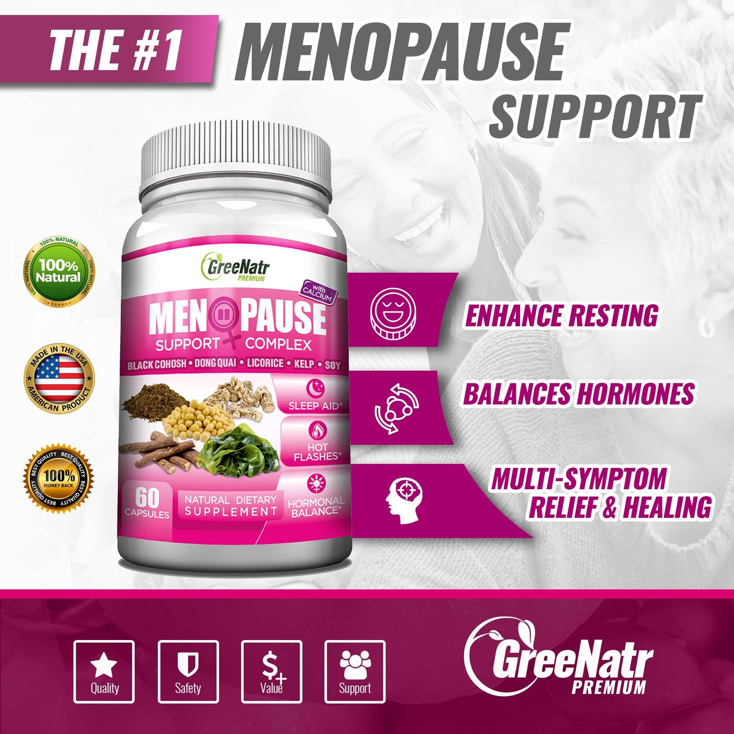 GreeNatr Menopause Supplements for Women - Perimenopause Supplements Women with Dong Quai & Black Cohosh for Menopause Hot Flashes - Menopause Support for Sleep Quality & Hormone Balance - 60 Caps - Maple Wellness Supplements