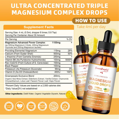 GREENPEOPLE 17-in-1 Triple Magnesium Complex Supplement,Magnesio Liquid Drops with Magnesium Glycinate & Citrate,Pineapple Flavor,Calm Mood,Muscle & Sleep for Adults,4 fl. oz 2Pack - Maple Wellness Supplements