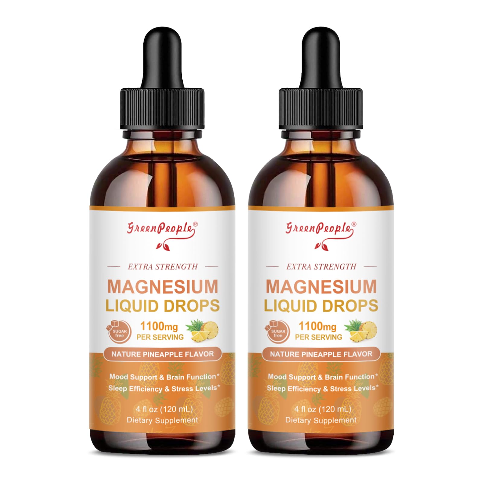GREENPEOPLE 17-in-1 Triple Magnesium Complex Supplement,Magnesio Liquid Drops with Magnesium Glycinate & Citrate,Pineapple Flavor,Calm Mood,Muscle & Sleep for Adults,4 fl. oz 2Pack - Maple Wellness Supplements
