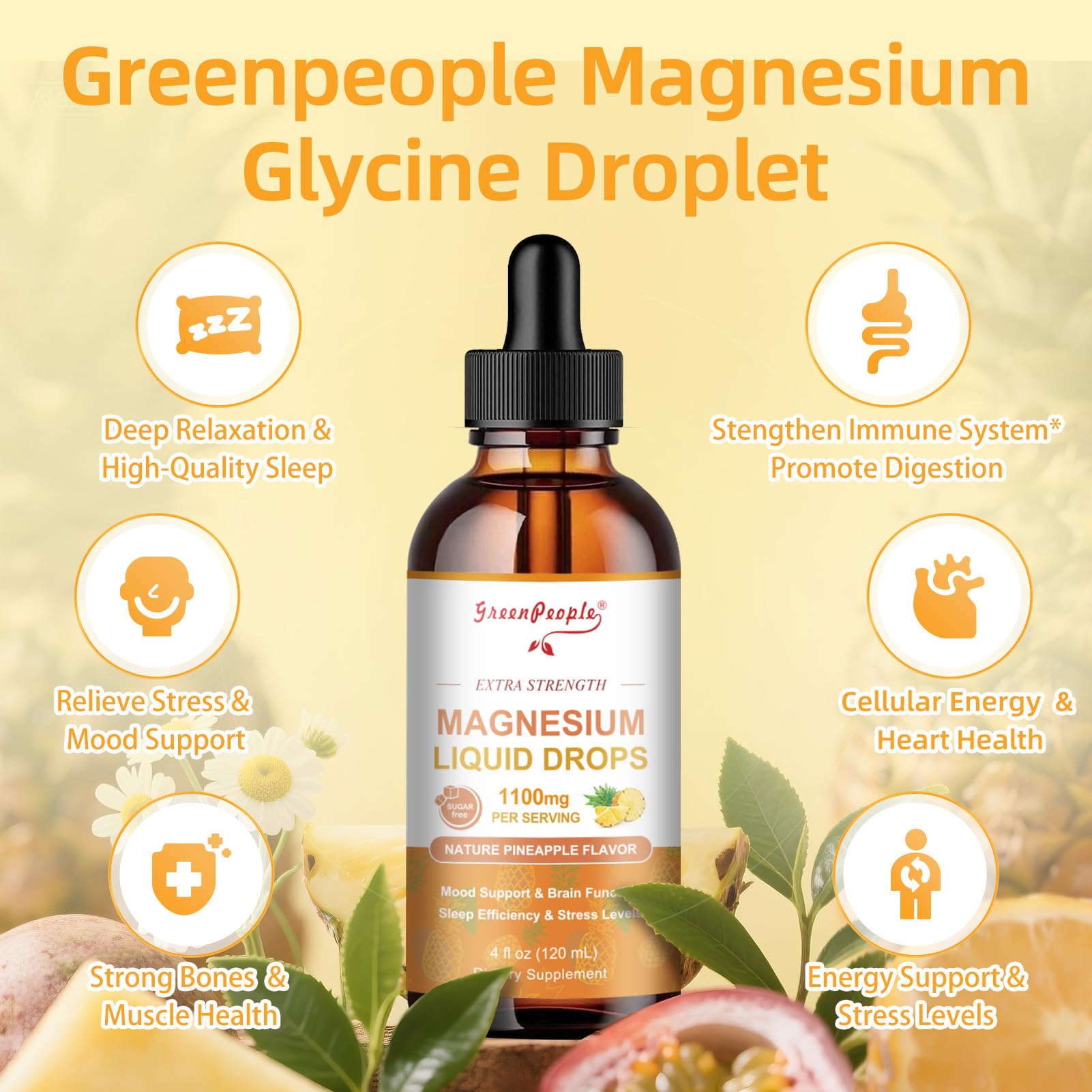 GREENPEOPLE 17-in-1 Triple Magnesium Complex Supplement,Magnesio Liquid Drops with Magnesium Glycinate & Citrate,Pineapple Flavor,Calm Mood,Muscle & Sleep for Adults,4 fl. oz 2Pack - Maple Wellness Supplements
