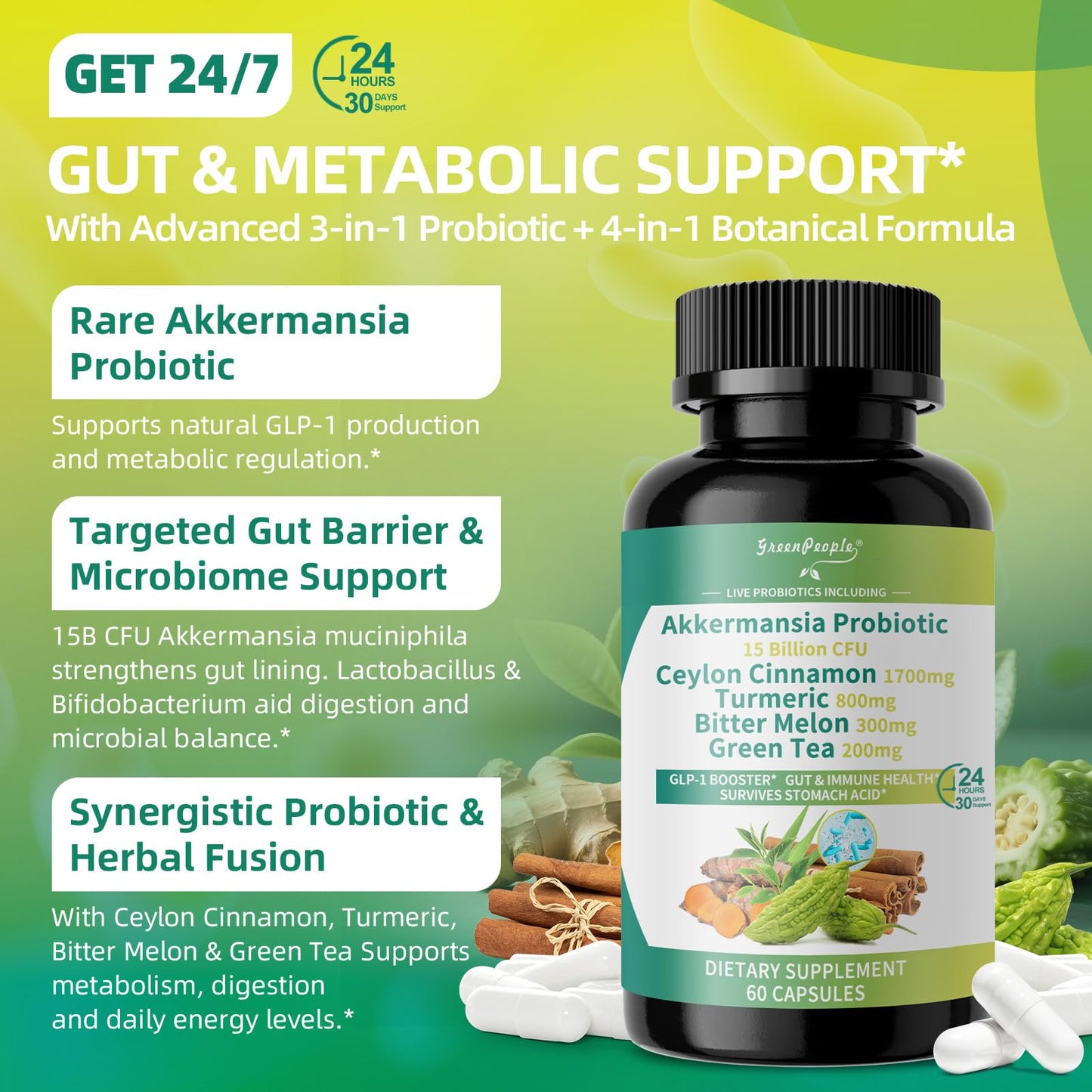 GREENPEOPLE Akkermansia Probiotics 15B CFU for Gut Function, 60CT Probiotics Supplement with Ceylon Cinnamon, Turmeric | Digestive Health & Metabolic Support - Maple Wellness Supplements