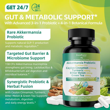 GREENPEOPLE Akkermansia Probiotics 15B CFU for Gut Function, 60CT Probiotics Supplement with Ceylon Cinnamon, Turmeric | Digestive Health & Metabolic Support - Maple Wellness Supplements