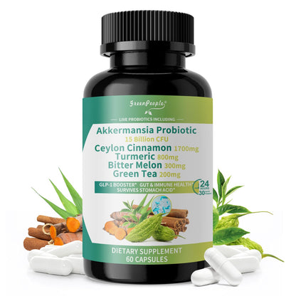 GREENPEOPLE Akkermansia Probiotics 15B CFU for Gut Function, 60CT Probiotics Supplement with Ceylon Cinnamon, Turmeric | Digestive Health & Metabolic Support - Maple Wellness Supplements