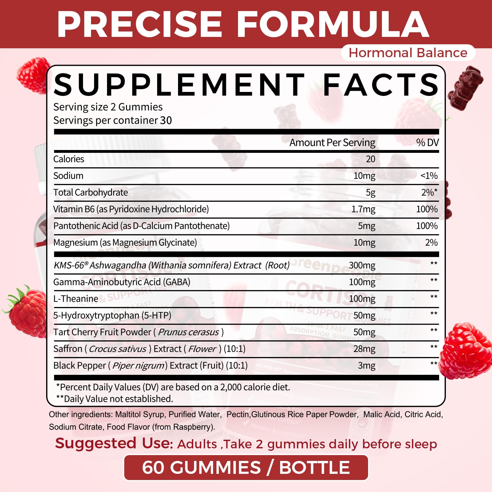 GREENPEOPLE Cortisol Supplements for Women & Men - Cortisol Reducer Detox Manager w/KSM-66 Ashwagandha/Magnesium/L-theanine/GABA/Vitamin B6 for Mood/Sleep/Stress Relief 60 CT Raspberry Flavor Gummies - Maple Wellness Supplements