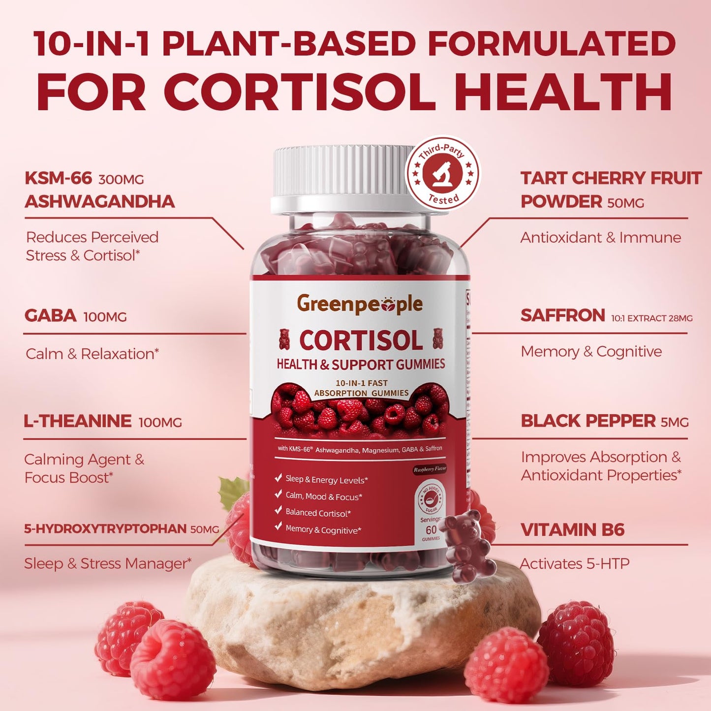 GREENPEOPLE Cortisol Supplements for Women & Men - Cortisol Reducer Detox Manager w/KSM-66 Ashwagandha/Magnesium/L-theanine/GABA/Vitamin B6 for Mood/Sleep/Stress Relief 60 CT Raspberry Flavor Gummies - Maple Wellness Supplements
