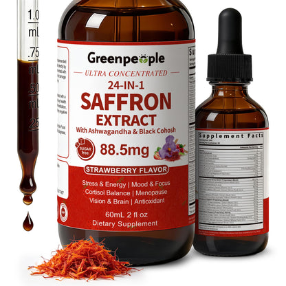 GREENPEOPLE Saffron Extract Supplements Drop - 24-in-1 88.5mg Saffron Extract with Ashwagandha,Black Cohosh & Lion's Mane for Mood&Focus,Stress Relief,Cortisol Reducer,Menopause – Vegan 2FL OZ - Maple Wellness Supplements