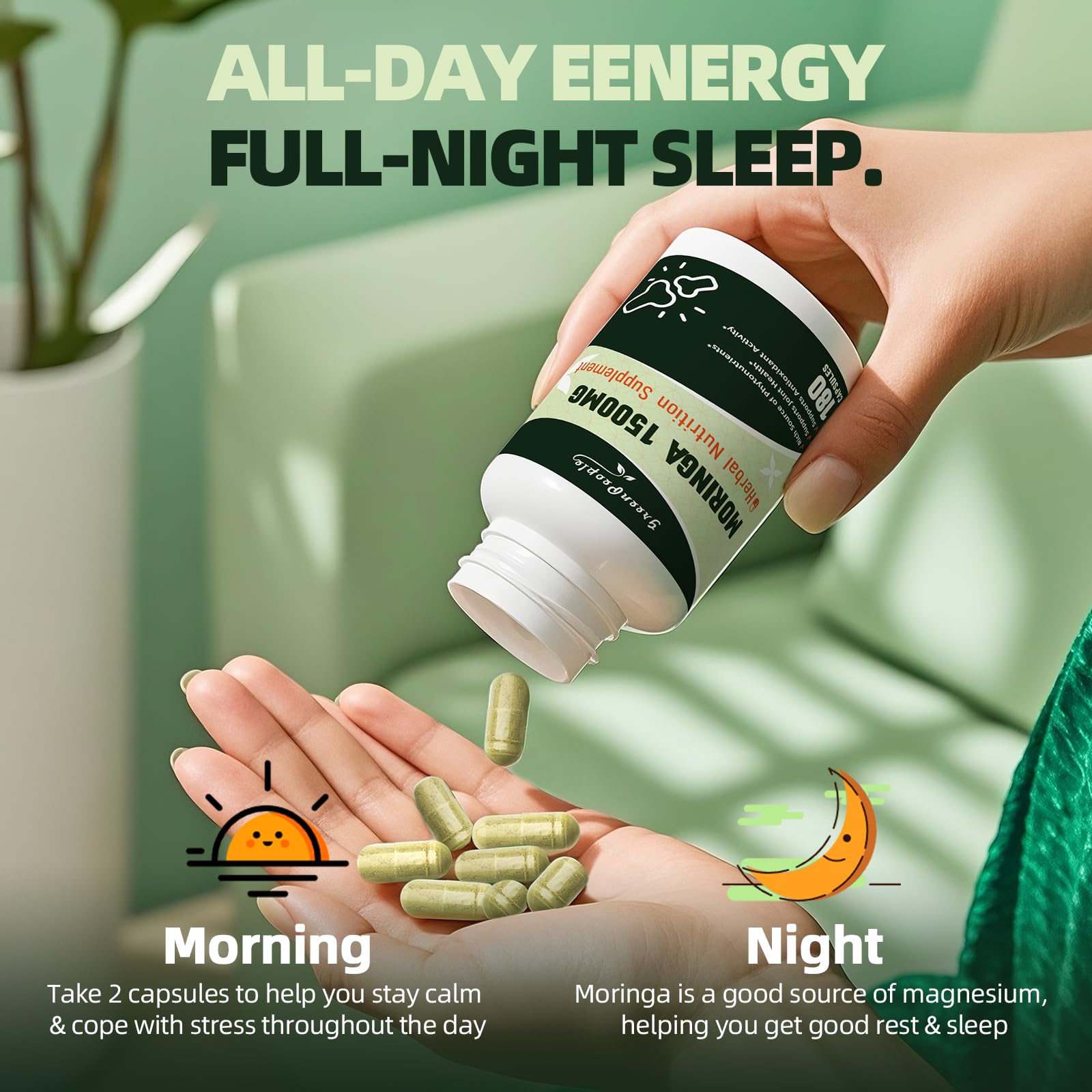 GREENPEOPLE Whole-Leaf Moringa Capsules 1500mg - High Potency 10:1 Moringa Oleifera Leaf Extract - Natural Green Superfood for Energy & Immune Support - Maple Wellness Supplements