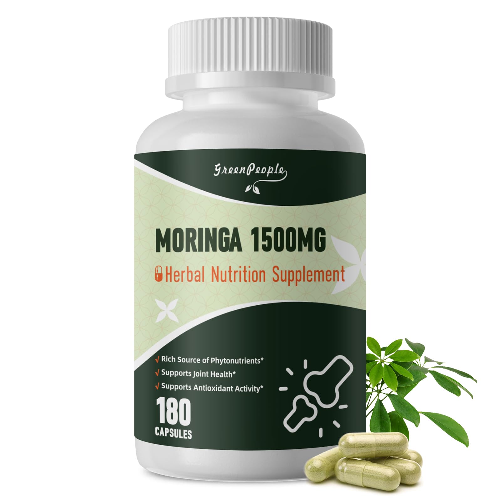 GREENPEOPLE Whole-Leaf Moringa Capsules 1500mg - High Potency 10:1 Moringa Oleifera Leaf Extract - Natural Green Superfood for Energy & Immune Support - Maple Wellness Supplements