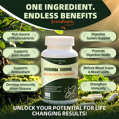 GREENPEOPLE Whole-Leaf Moringa Capsules 1500mg - High Potency 10:1 Moringa Oleifera Leaf Extract - Natural Green Superfood for Energy & Immune Support - Maple Wellness Supplements