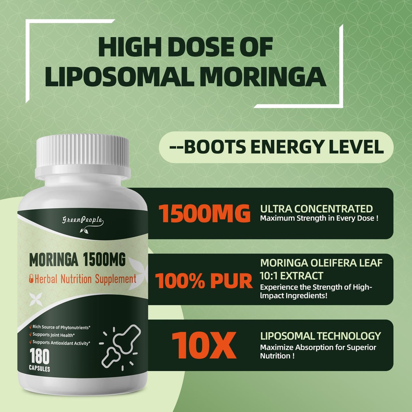 GREENPEOPLE Whole-Leaf Moringa Capsules 1500mg - High Potency 10:1 Moringa Oleifera Leaf Extract - Natural Green Superfood for Energy & Immune Support - Maple Wellness Supplements