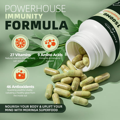 GREENPEOPLE Whole-Leaf Moringa Capsules 1500mg - High Potency 10:1 Moringa Oleifera Leaf Extract - Natural Green Superfood for Energy & Immune Support - Maple Wellness Supplements