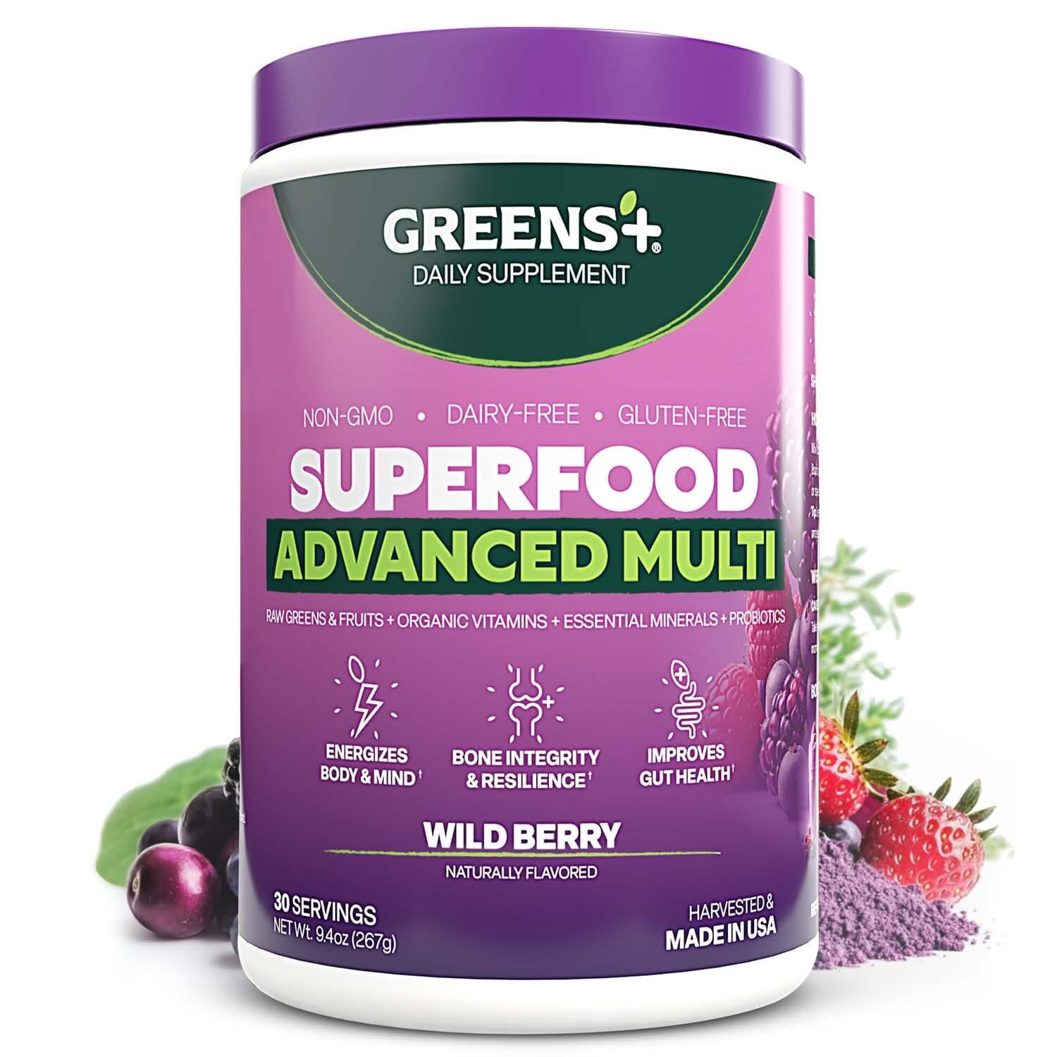 Greens+ Advanced Multi Wild Berry Superfood Powder, Organic Blend, Vegan, Non-GMO, Soy-Free, Dairy-Free, Gluten-Free, Dietary Supplement with Vitamins & Minerals, 9.4 oz - Maple Wellness Supplements