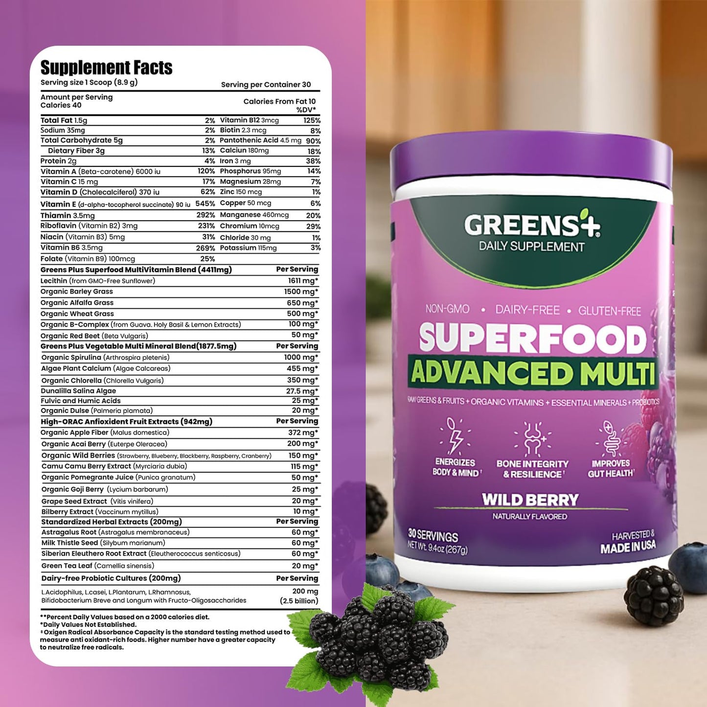 Greens+ Advanced Multi Wild Berry Superfood Powder, Organic Blend, Vegan, Non-GMO, Soy-Free, Dairy-Free, Gluten-Free, Dietary Supplement with Vitamins & Minerals, 9.4 oz - Maple Wellness Supplements
